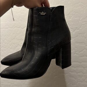 Black Croc-Embossed Ankle Boots